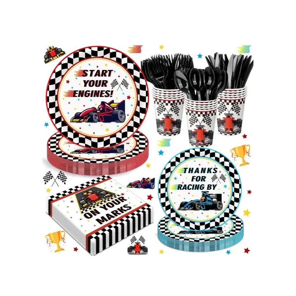 168Pcs Race Car Birthday Party Supplies Serves 24 Guests Plates Napkins Cu...